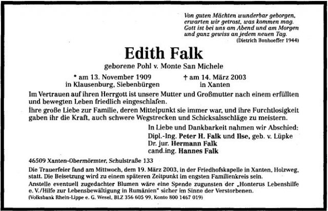 Pohl Edith 1909-2003 (Falk Hermann 1884-1971) Todesanzeige